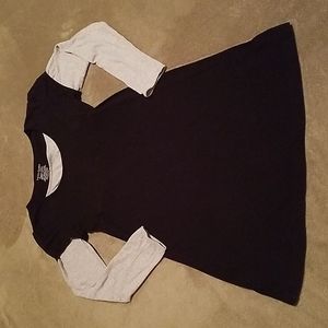 10-12 L Organic cotton black t-shirt dress w/ heather gray sleeves & neck inset.